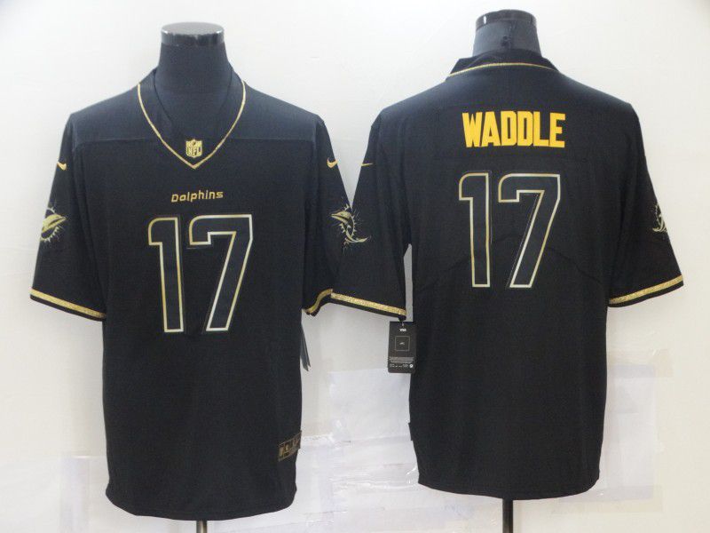 Men Miami Dolphins 17 Waddle Black Retro Gold Lettering 2021 Nike NFL Jersey